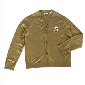 SANDRO button 100% wool cardigan letter S camel sweater men's XL